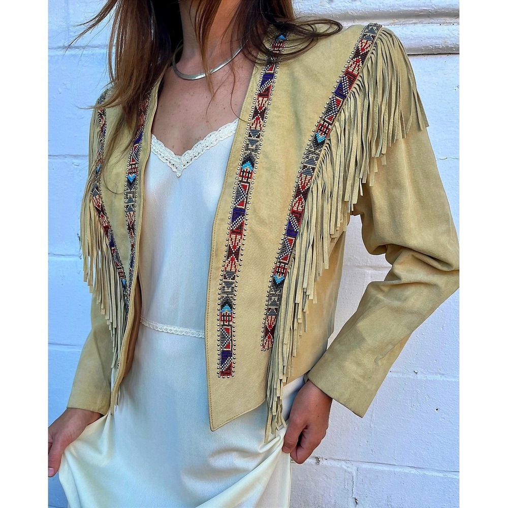 Vintage Diamond Leathers Tan Suede Fringe Beaded Western Jacket Womens 14 USA